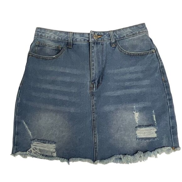 Forever 21 Skirt Blue Jean 5 Pockets Distressed Denim Button Zip Front Large - Picture 4 of 8